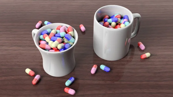 Coffee mugs full of pills,on wooden desktop. — Stock Photo, Image