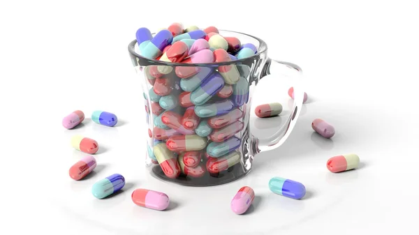 Transparent coffee mug full of pills,isolated on white background. — Stock Photo, Image