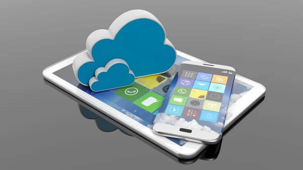 Tablet und Smartphone mit quadratischen Apps und Cloud-Icons, isoliert auf schwarz. — Stockfoto