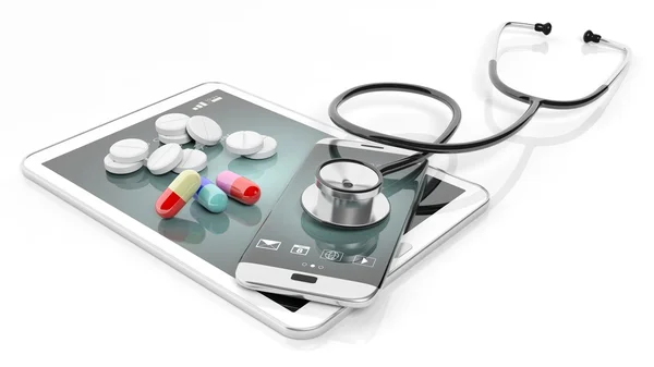 Pillole e stetoscopio su smartphone e tablet, isolati su sfondo bianco . — Foto Stock