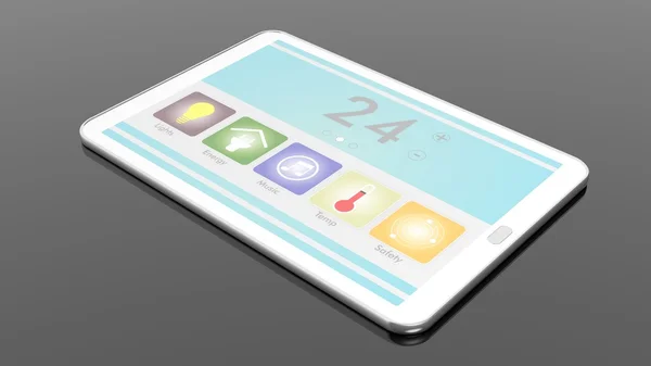 Tablett med smarta hem fjärrkontroll skärm, isolerad på svart bakgrund. — Stockfoto