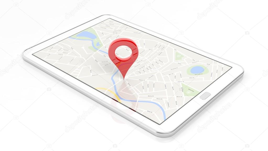 Tablet with map and red pinpoint on screen, isolated on white background.