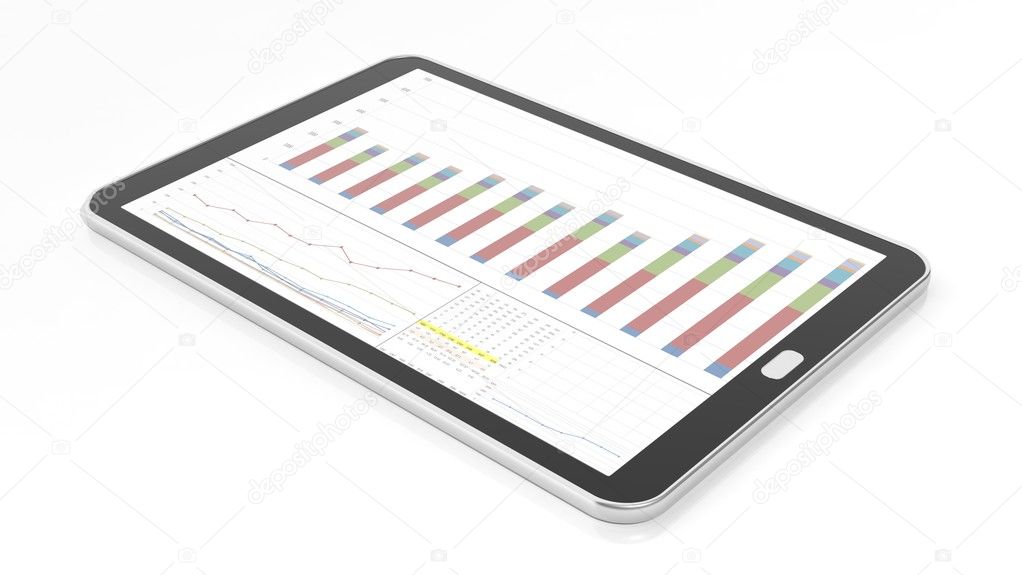 Tablet with Bar Chart Graph on screen, isolated on white.