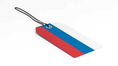 Made in Russia price tag with national flag, isolated on white background.
