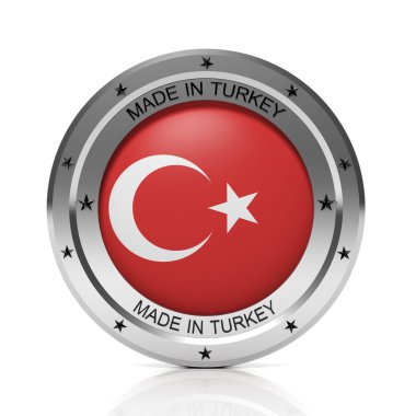 Made in Turkey round badge with national flag, isolated on white background.
