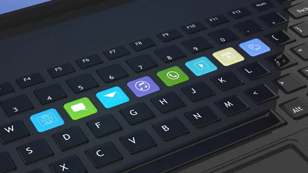 Clavier noir gros plan avec des icônes applications raccourcis — Photo