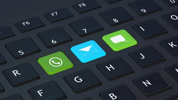 Black keyboard closeup with apps icons shortcuts — Stock Photo, Image