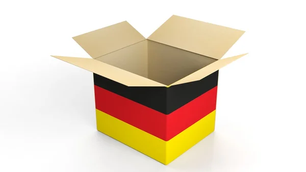 Caja de cartón con bandera nacional de Alemania, aislada sobre fondo blanco . —  Fotos de Stock