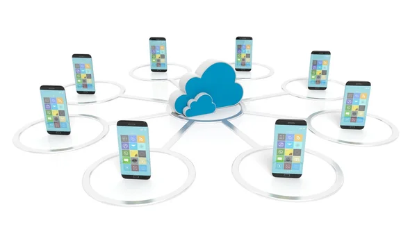 Cloud-Symbol mit Kommunikationsgeräten drumherum, isoliert auf weißem Hintergrund — Stockfoto
