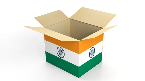 Carton box with India national flag, isolated on white background. — Stock Photo, Image