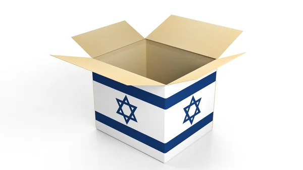 Caja de cartón con bandera nacional de Israel, aislada sobre fondo blanco . —  Fotos de Stock