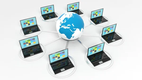 Ícone do globo com laptops em torno dele, isolado no fundo branco — Fotografia de Stock