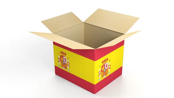 Caja de cartón con bandera nacional de España, aislada sobre fondo blanco . — Foto de Stock