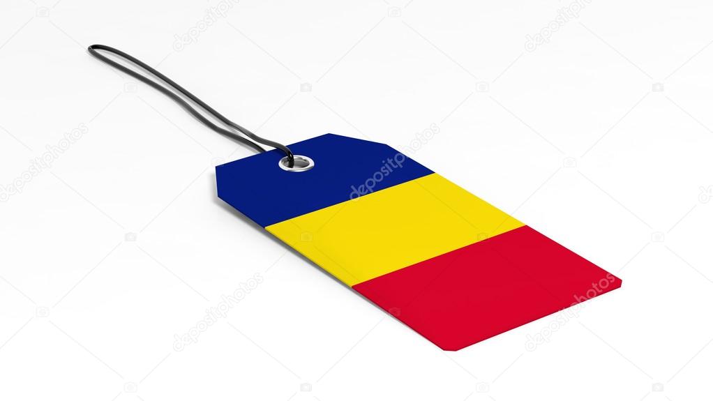 Made in Romania price tag with national flag, isolated on white background.