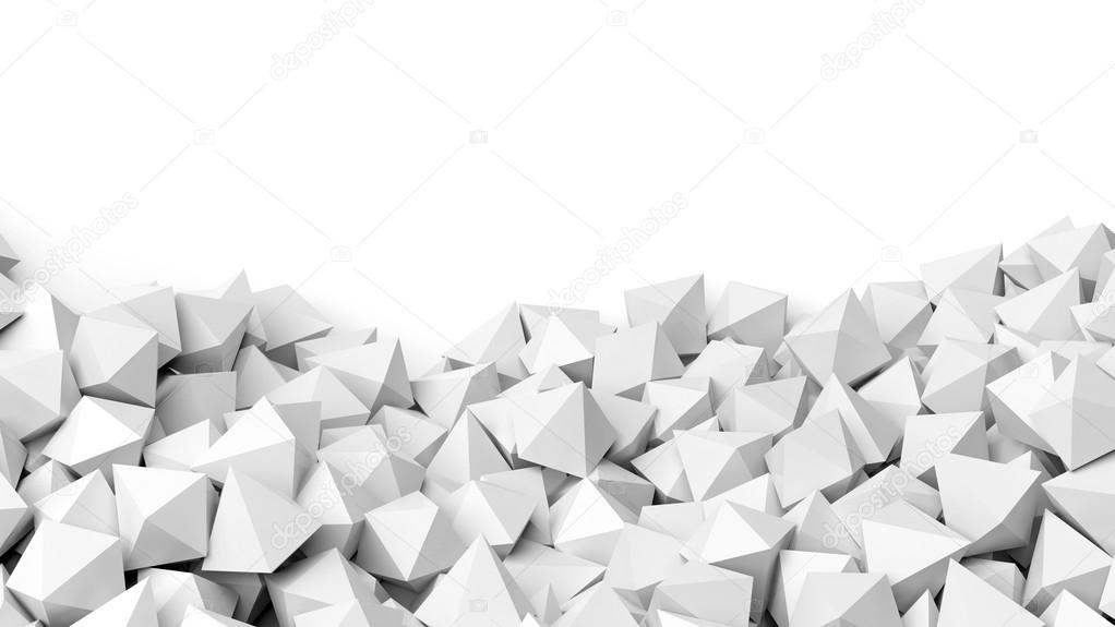 3D white polyhedrons pile, isolated on white with copy-space