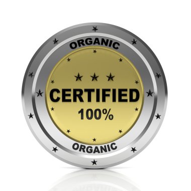 % 100 organik, beyaz arka plan üzerinde izole metalik rozet.