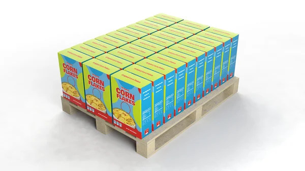 Corn flake packs ingesteld op houten pallet, geïsoleerd op witte achtergrond. — Stockfoto