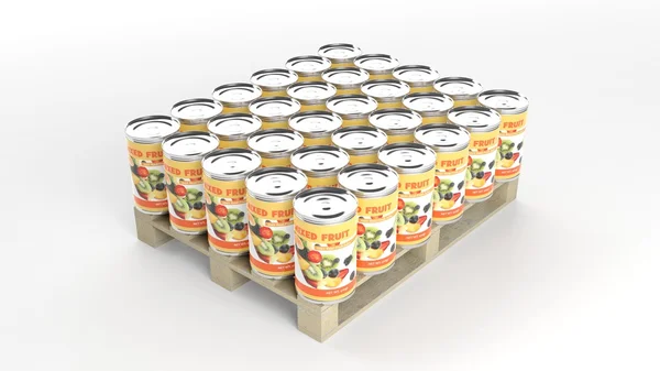 Mixed fruits cans set on wooden pallet, isolated on white background. — Stock Photo, Image