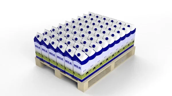 Milk boxes set on wooden pallet, isolated on white background. — Stock Photo, Image