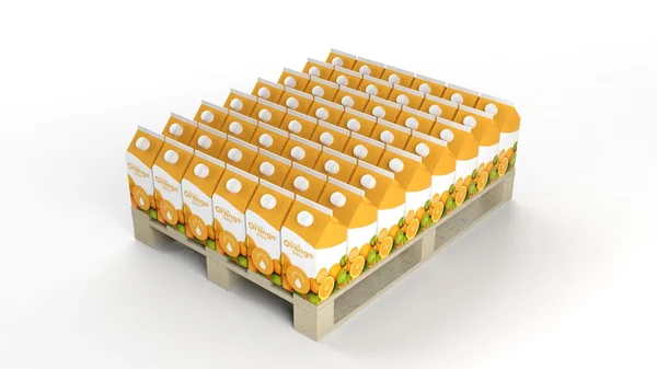 Jus d'orange vakken ingesteld op houten pallet, geïsoleerd op witte achtergrond. — Stockfoto