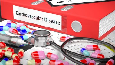 Doctor's table with medicaments and medical supplies. Red Folder