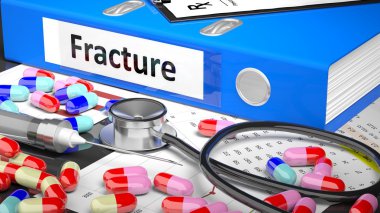 Doctor's table with medicaments and medical supplies. Blue Folde