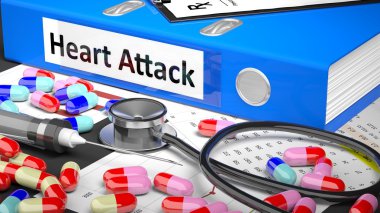 Doctor's table with medicaments and medical supplies. Blue Folder