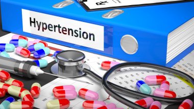 Doctor's table with medicaments and medical supplies. Blue Folder