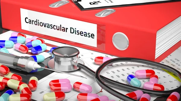 Doctor's table with medicaments and medical supplies. Red Folder
