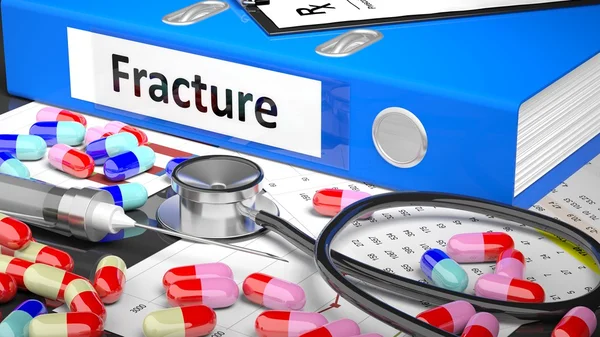 Doctor's table with medicaments and medical supplies. Blue Folde