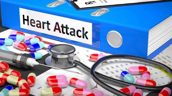 Doctor's table with medicaments and medical supplies. Blue Folder