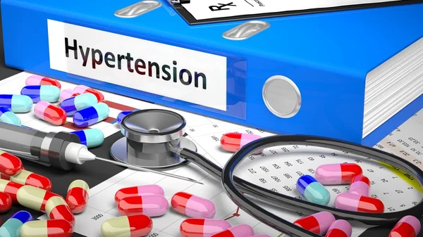 Doctor's table with medicaments and medical supplies. Blue Folder