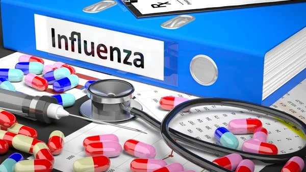 Doctor's table with medicaments and medical supplies. Blue Folder