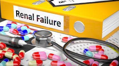 Doctor's table with medicaments and medical supplies. Yellow Folder