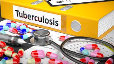 Doctor's table with medicaments and medical supplies. Yellow Folder