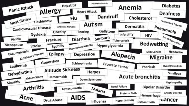 Many Diseases on black background