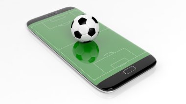 Futbol sahası üzerinde beyaz izole smartphone kenar ekranda topu ile.