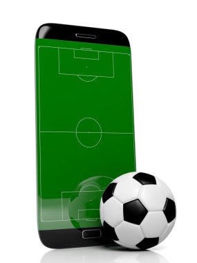 Futbol sahası üzerinde beyaz izole smartphone kenar ekranda topu ile.