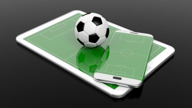 Ekranda siyah izole smartphone kenar ve tablet, topu ile futbol sahası.