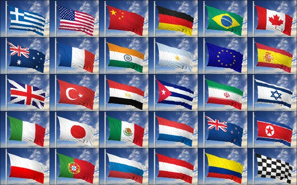 Collection of random flags on blue sky background. — Stock Photo, Image