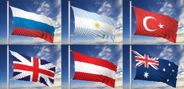 Altı bayrak Rusya, Arjantin, Türkiye, İngiltere, Avusturya, Avustralya, topluluğu — Stok fotoğraf
