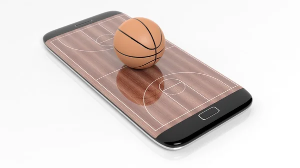 Campo de baloncesto con bola en la pantalla del borde del teléfono inteligente, aislado en blanco . — Foto de Stock