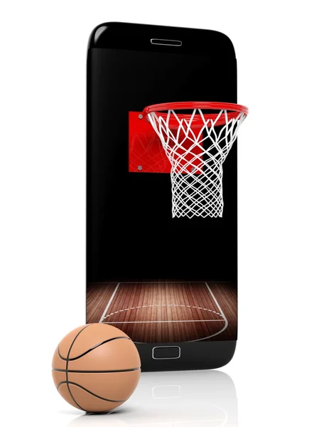 Sepet ve top ekranda beyaz izole smartphone kenar, basketbol alanı. — Stok fotoğraf