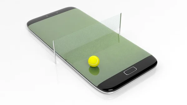 Campo de tênis com filé e bola na tela da borda do smartphone, isolado em branco . — Fotografia de Stock