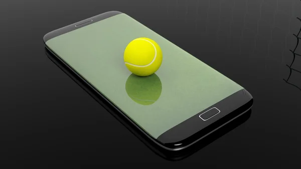 Tennisfeld mit Ball auf Smartphone-Randdisplay, isoliert auf schwarz. — Stockfoto