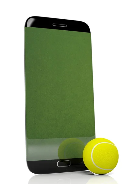 Kort tenisowy z piłką na smartphone krawędzi wyświetlacza, na białym tle. — Zdjęcie stockowe