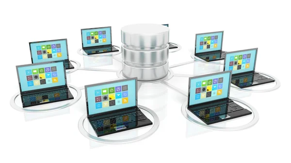 Database di rete e icone laptop isolate su sfondo bianco . — Foto Stock
