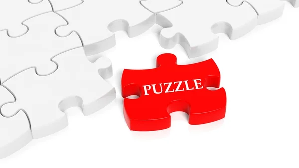 Puzzle biały sztuk tło z jeden czerwony tekst Puzzle. — Zdjęcie stockowe