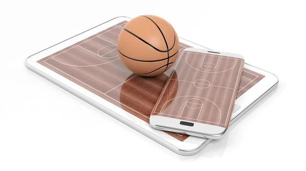 Top ekranda beyaz izole smartphone kenar ve tablet, basketbol alanı. — Stok fotoğraf