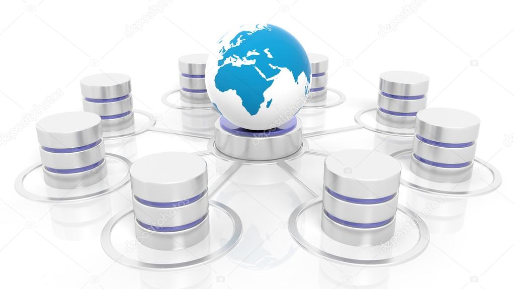 Network database connected with world icon isolated on white background.